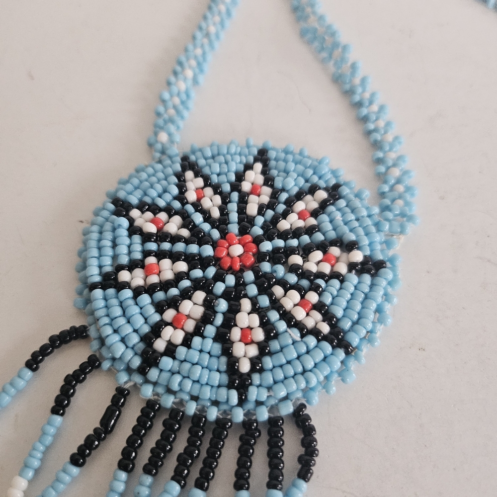 Native seed bead medallion Star necklace Light Blue Leather Backing